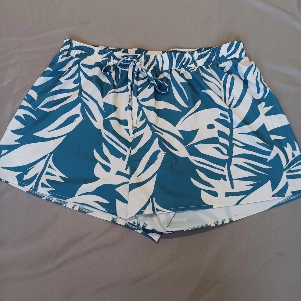 SHEIN Curve 2XL Stretch Shorts Teal White Tropical Leaf Print Drawstring